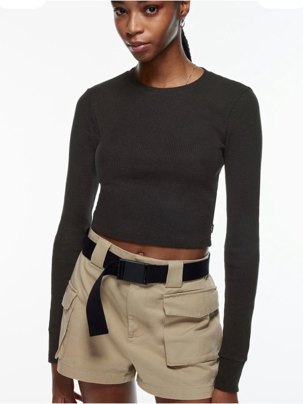 TNA Glendale Cropped  Waffle Long-Sleeve Top in Black